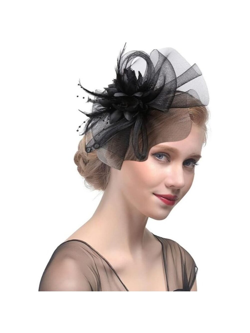 Elegant Black Mesh Flower Fascinator with Beads & Feathers Headband Style